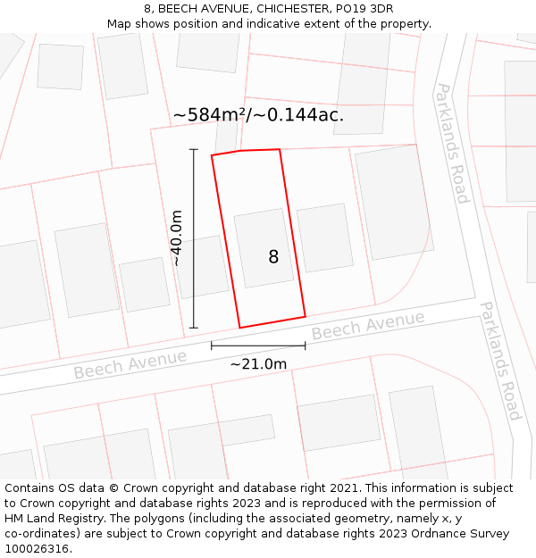 8, BEECH AVENUE, CHICHESTER, PO19 3DR: Plot and title map