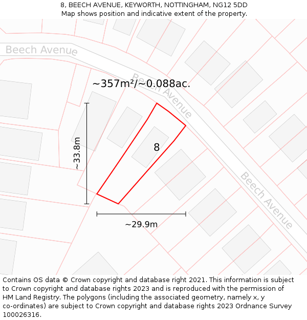 8, BEECH AVENUE, KEYWORTH, NOTTINGHAM, NG12 5DD: Plot and title map