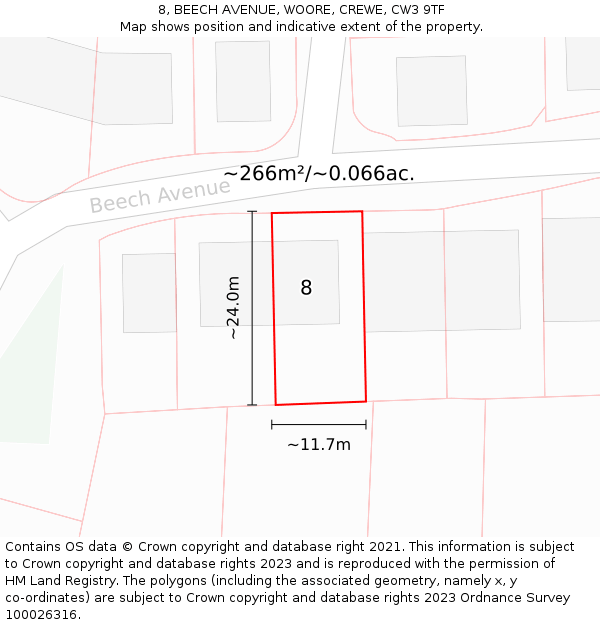 8, BEECH AVENUE, WOORE, CREWE, CW3 9TF: Plot and title map