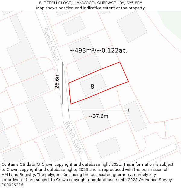 8, BEECH CLOSE, HANWOOD, SHREWSBURY, SY5 8RA: Plot and title map