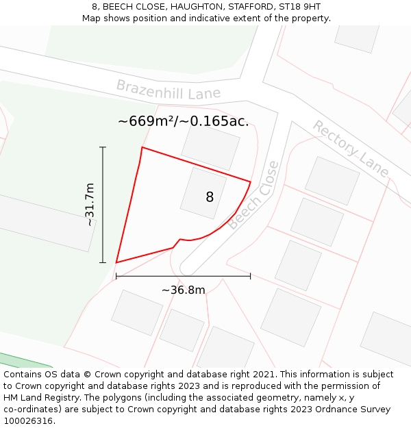 8, BEECH CLOSE, HAUGHTON, STAFFORD, ST18 9HT: Plot and title map