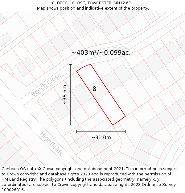 8, BEECH CLOSE, TOWCESTER, NN12 6BL: Plot and title map
