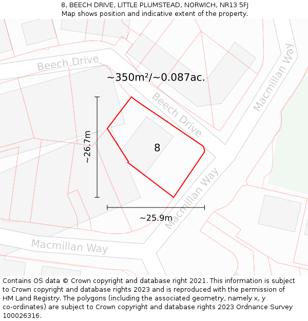 8, BEECH DRIVE, LITTLE PLUMSTEAD, NORWICH, NR13 5FJ: Plot and title map