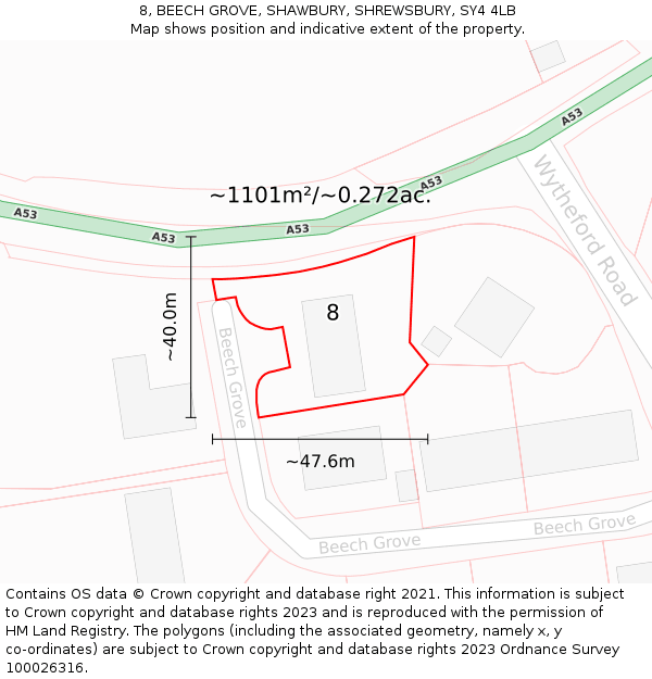8, BEECH GROVE, SHAWBURY, SHREWSBURY, SY4 4LB: Plot and title map