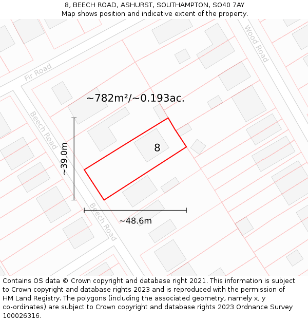 8, BEECH ROAD, ASHURST, SOUTHAMPTON, SO40 7AY: Plot and title map