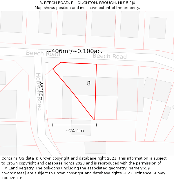 8, BEECH ROAD, ELLOUGHTON, BROUGH, HU15 1JX: Plot and title map