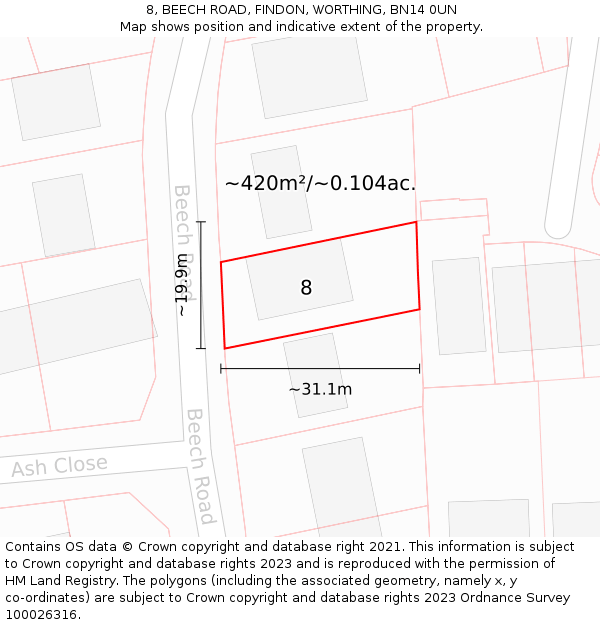 8, BEECH ROAD, FINDON, WORTHING, BN14 0UN: Plot and title map