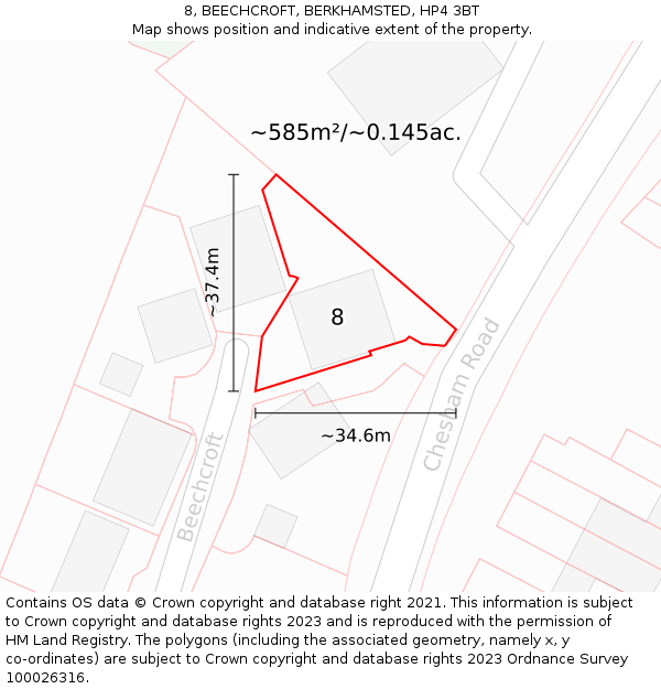 8, BEECHCROFT, BERKHAMSTED, HP4 3BT: Plot and title map