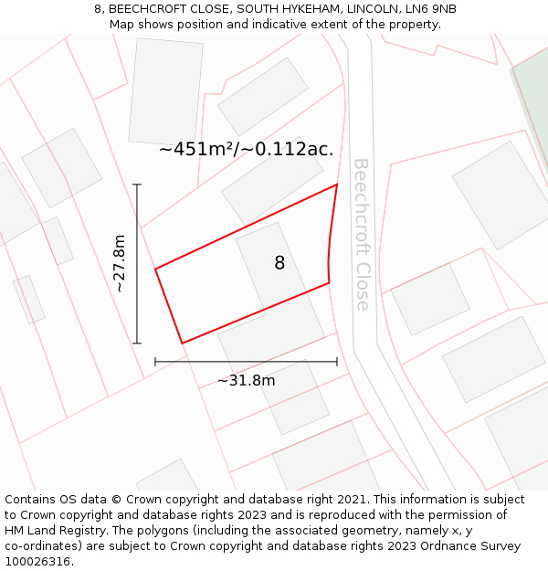 8, BEECHCROFT CLOSE, SOUTH HYKEHAM, LINCOLN, LN6 9NB: Plot and title map
