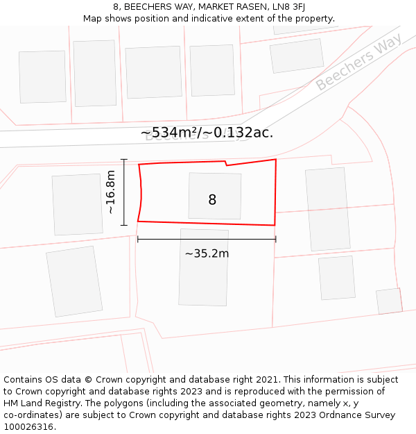 8, BEECHERS WAY, MARKET RASEN, LN8 3FJ: Plot and title map