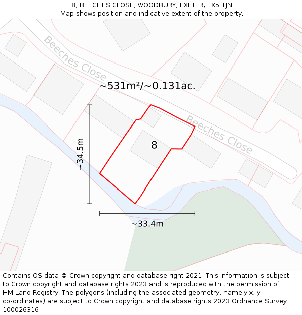 8, BEECHES CLOSE, WOODBURY, EXETER, EX5 1JN: Plot and title map
