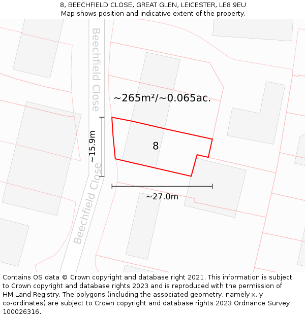8, BEECHFIELD CLOSE, GREAT GLEN, LEICESTER, LE8 9EU: Plot and title map