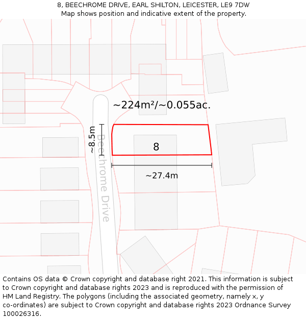 8, BEECHROME DRIVE, EARL SHILTON, LEICESTER, LE9 7DW: Plot and title map