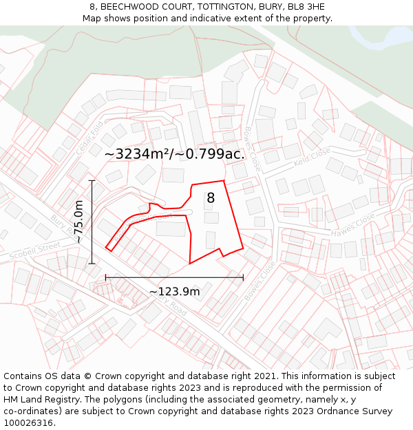 8, BEECHWOOD COURT, TOTTINGTON, BURY, BL8 3HE: Plot and title map