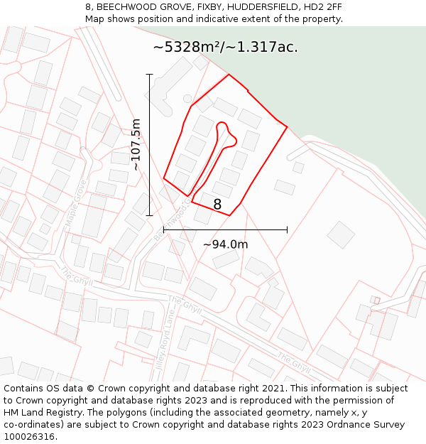 8, BEECHWOOD GROVE, FIXBY, HUDDERSFIELD, HD2 2FF: Plot and title map