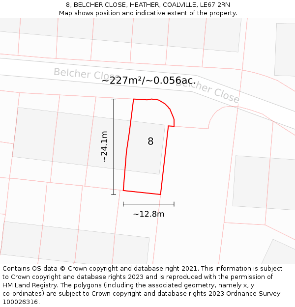 8, BELCHER CLOSE, HEATHER, COALVILLE, LE67 2RN: Plot and title map