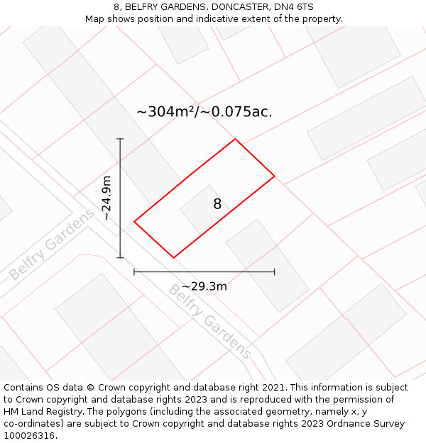 8, BELFRY GARDENS, DONCASTER, DN4 6TS: Plot and title map