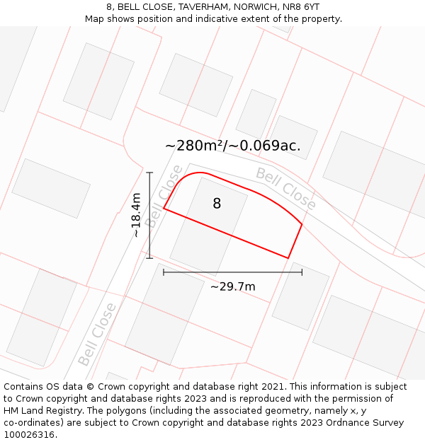 8, BELL CLOSE, TAVERHAM, NORWICH, NR8 6YT: Plot and title map