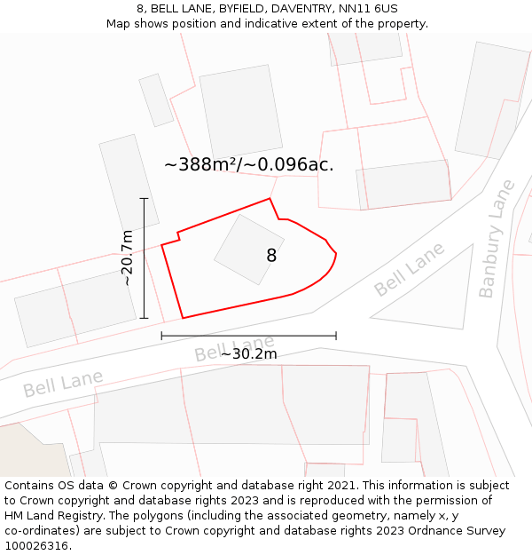 8, BELL LANE, BYFIELD, DAVENTRY, NN11 6US: Plot and title map