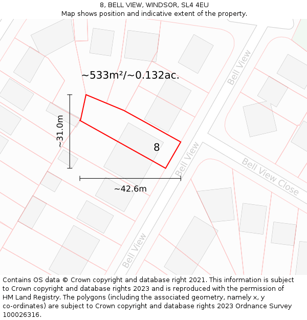 8, BELL VIEW, WINDSOR, SL4 4EU: Plot and title map