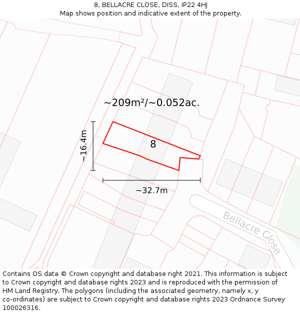 8, BELLACRE CLOSE, DISS, IP22 4HJ: Plot and title map