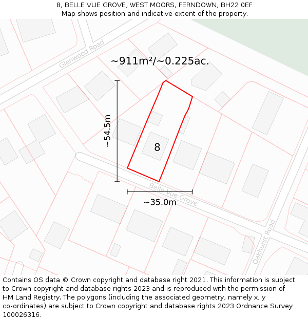 8, BELLE VUE GROVE, WEST MOORS, FERNDOWN, BH22 0EF: Plot and title map