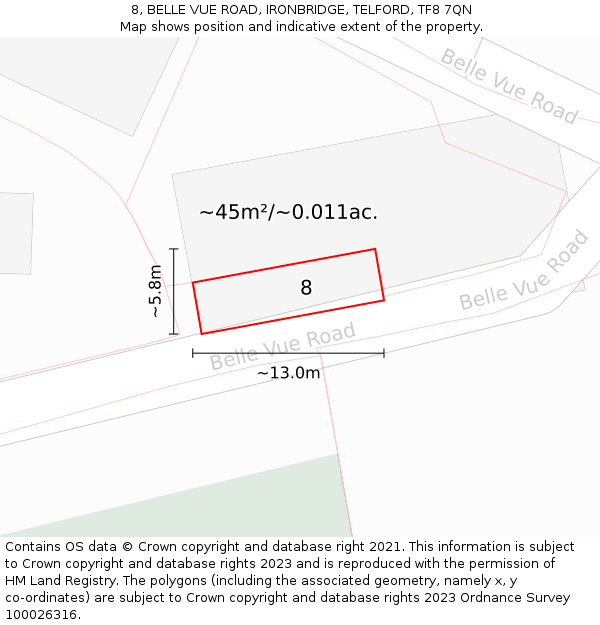 8, BELLE VUE ROAD, IRONBRIDGE, TELFORD, TF8 7QN: Plot and title map