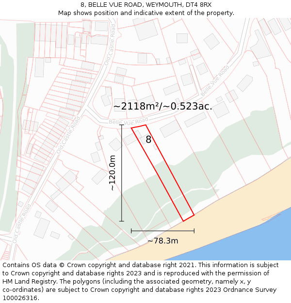 8, BELLE VUE ROAD, WEYMOUTH, DT4 8RX: Plot and title map