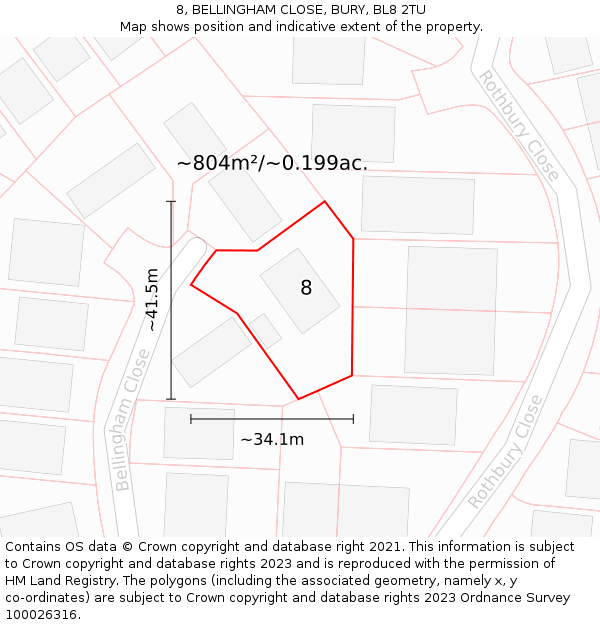 8, BELLINGHAM CLOSE, BURY, BL8 2TU: Plot and title map