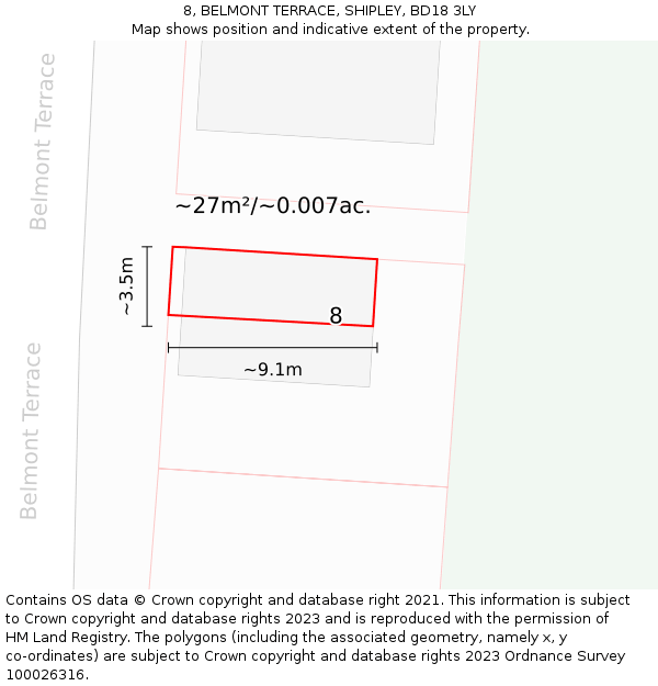 8, BELMONT TERRACE, SHIPLEY, BD18 3LY: Plot and title map