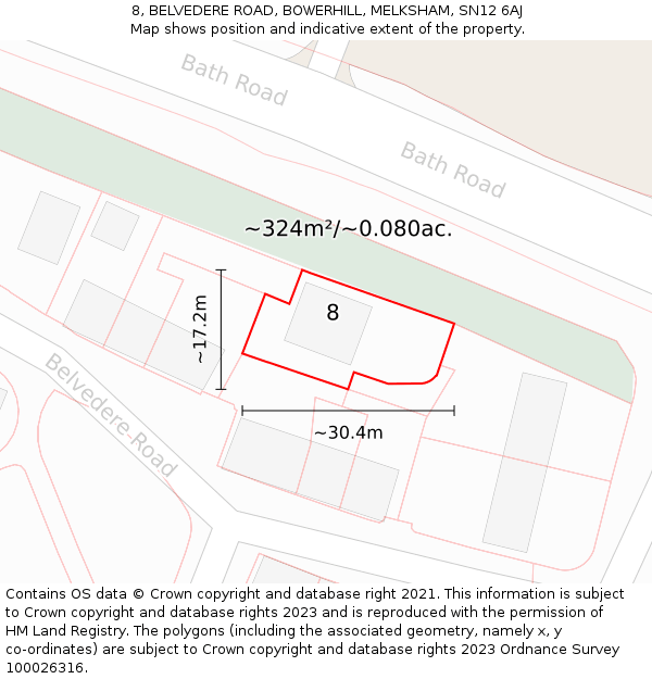 8, BELVEDERE ROAD, BOWERHILL, MELKSHAM, SN12 6AJ: Plot and title map