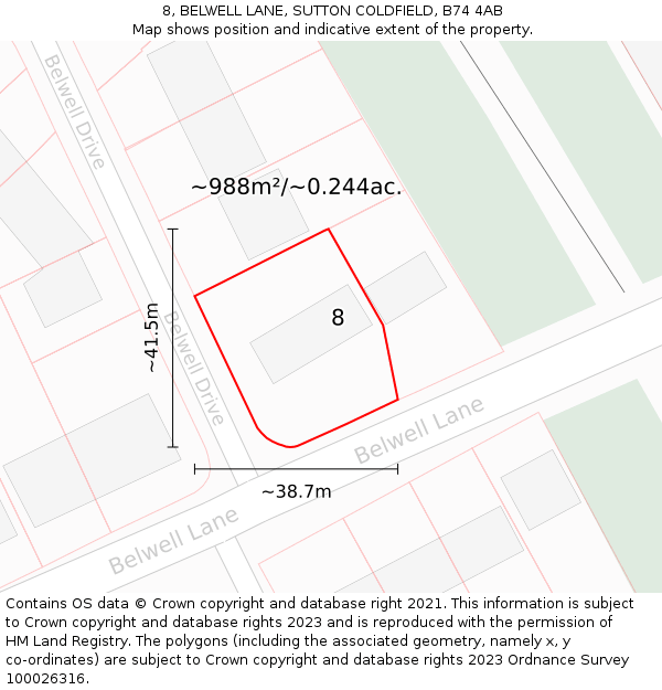 8, BELWELL LANE, SUTTON COLDFIELD, B74 4AB: Plot and title map