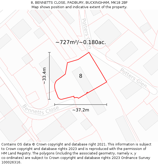 8, BENNETTS CLOSE, PADBURY, BUCKINGHAM, MK18 2BF: Plot and title map