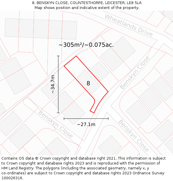 8, BENSKYN CLOSE, COUNTESTHORPE, LEICESTER, LE8 5LA: Plot and title map