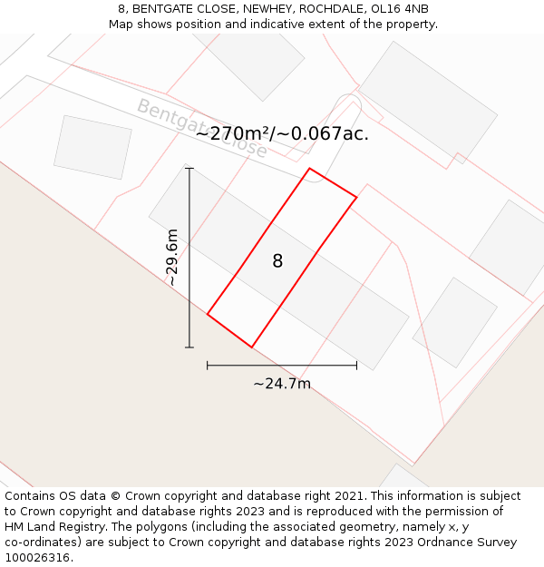 8, BENTGATE CLOSE, NEWHEY, ROCHDALE, OL16 4NB: Plot and title map