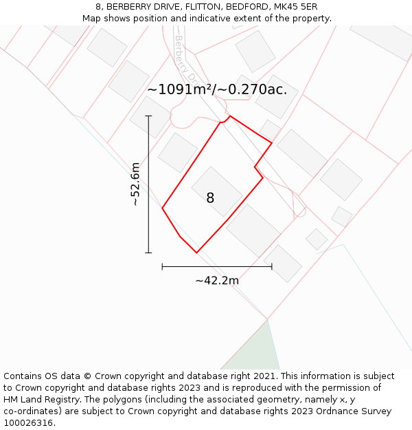 8, BERBERRY DRIVE, FLITTON, BEDFORD, MK45 5ER: Plot and title map