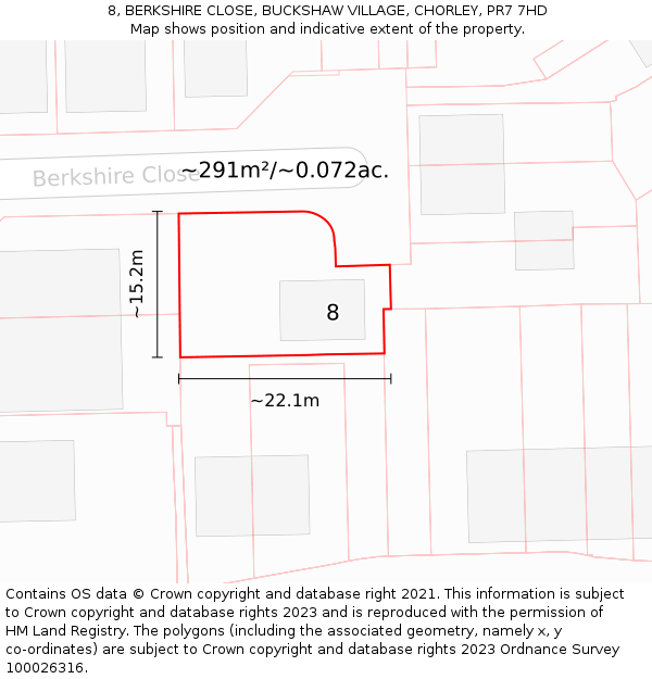 8, BERKSHIRE CLOSE, BUCKSHAW VILLAGE, CHORLEY, PR7 7HD: Plot and title map