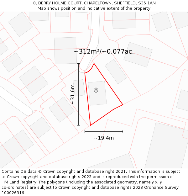 8, BERRY HOLME COURT, CHAPELTOWN, SHEFFIELD, S35 1AN: Plot and title map