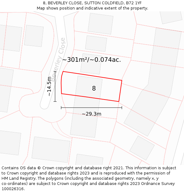8, BEVERLEY CLOSE, SUTTON COLDFIELD, B72 1YF: Plot and title map