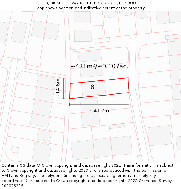 8, BICKLEIGH WALK, PETERBOROUGH, PE3 9QQ: Plot and title map