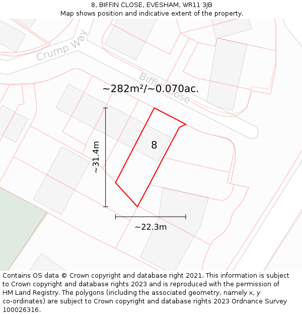 8, BIFFIN CLOSE, EVESHAM, WR11 3JB: Plot and title map