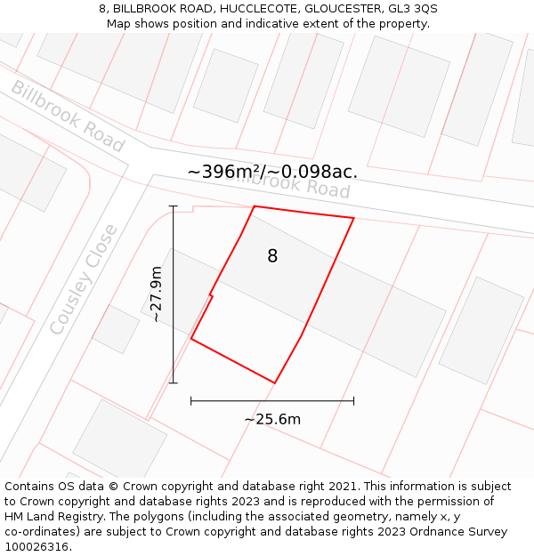 8, BILLBROOK ROAD, HUCCLECOTE, GLOUCESTER, GL3 3QS: Plot and title map