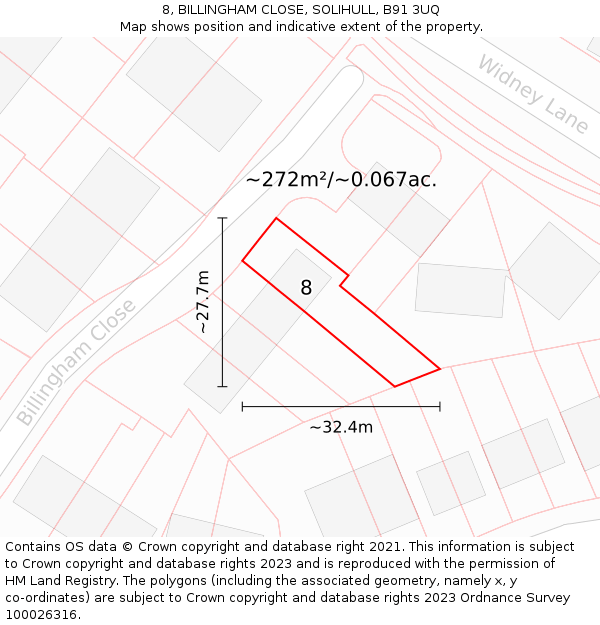 8, BILLINGHAM CLOSE, SOLIHULL, B91 3UQ: Plot and title map