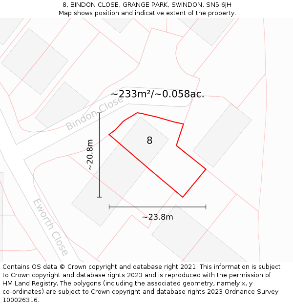 8, BINDON CLOSE, GRANGE PARK, SWINDON, SN5 6JH: Plot and title map