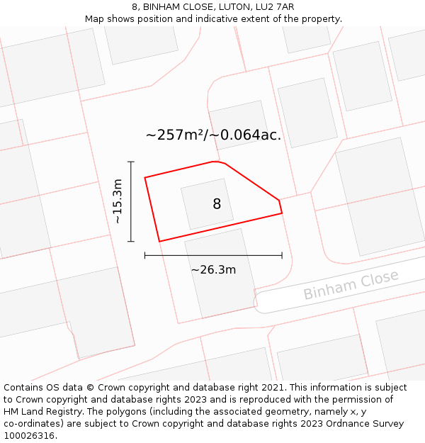 8, BINHAM CLOSE, LUTON, LU2 7AR: Plot and title map