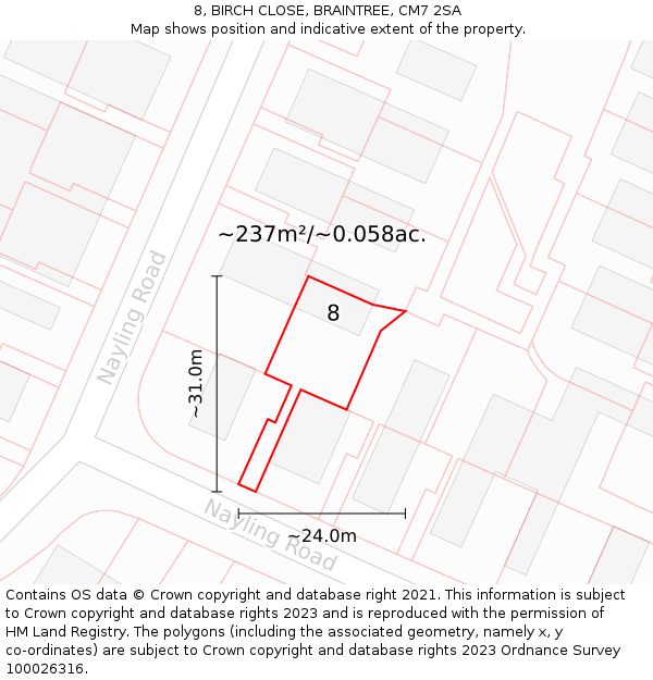 8, BIRCH CLOSE, BRAINTREE, CM7 2SA: Plot and title map