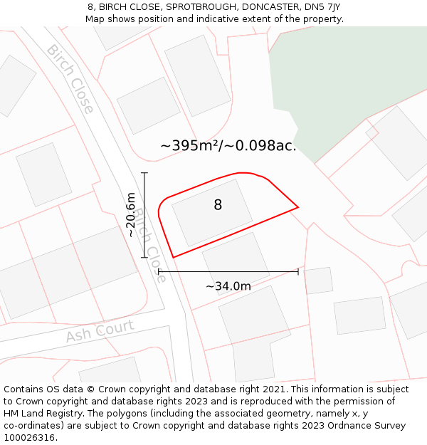 8, BIRCH CLOSE, SPROTBROUGH, DONCASTER, DN5 7JY: Plot and title map