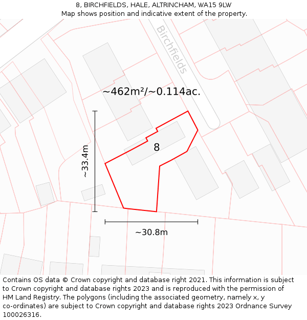 8, BIRCHFIELDS, HALE, ALTRINCHAM, WA15 9LW: Plot and title map