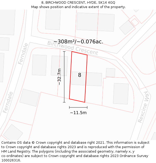8, BIRCHWOOD CRESCENT, HYDE, SK14 4GQ: Plot and title map