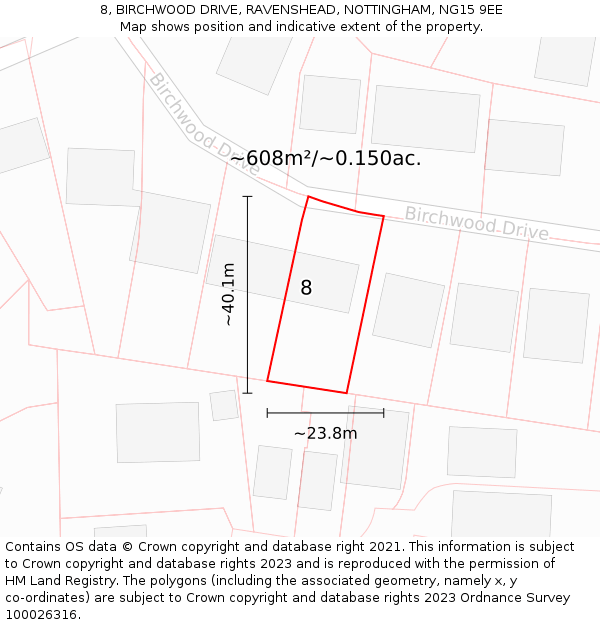 8, BIRCHWOOD DRIVE, RAVENSHEAD, NOTTINGHAM, NG15 9EE: Plot and title map